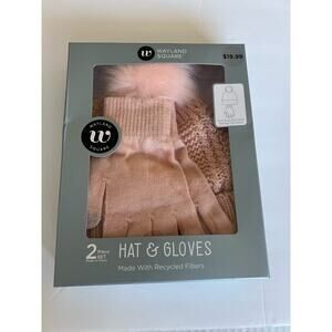 NIB Wayland Square Pink Knit Hat Glove 2 Piece Set Pom Pom Hat Texting Gloves